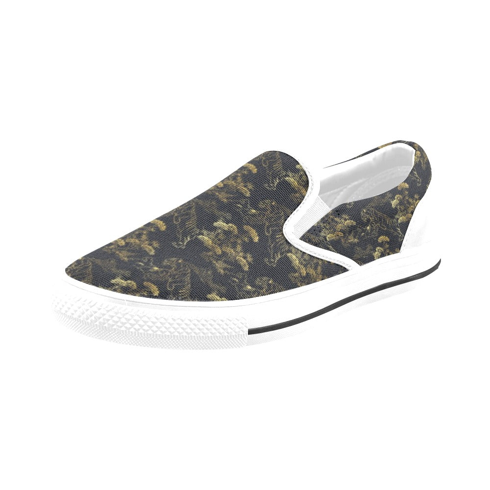 Tiger Japan Style Print Design LKS305 White Slip Ons Canvas Women's Shoes