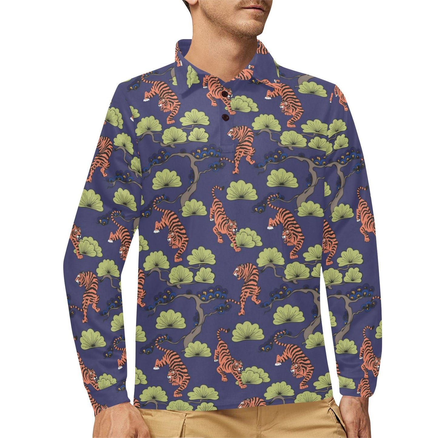 Tiger Pattern Japan Style Long Sleeve Polo Shirt For Men's