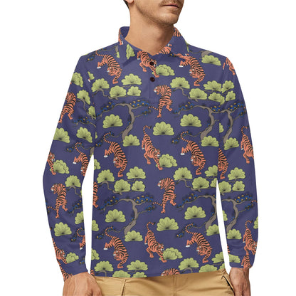 Tiger Pattern Japan Style Long Sleeve Polo Shirt For Men's