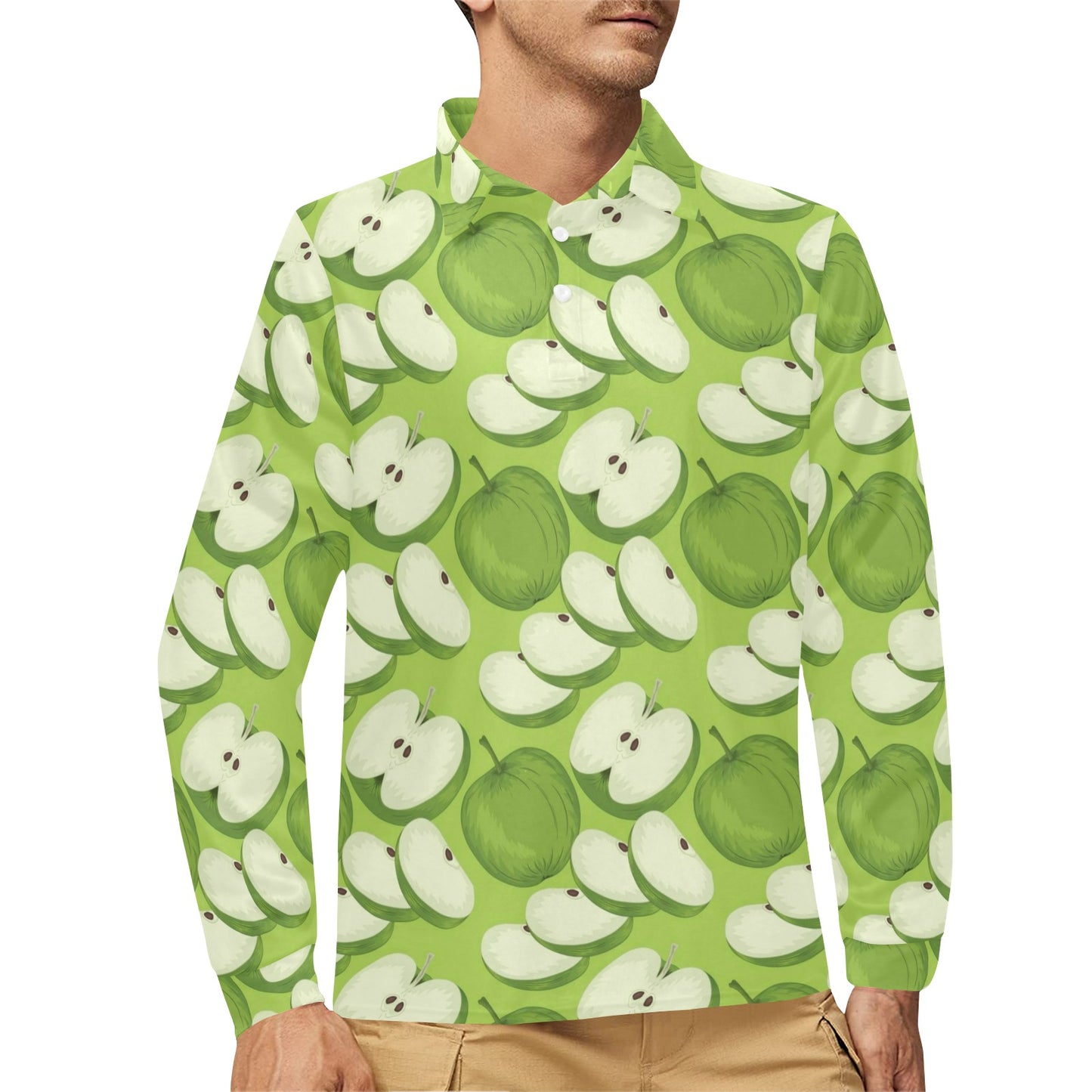 Apple Pattern Print Design AP010 Long Sleeve Polo Shirt For Men's
