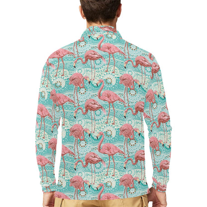Flamingo Background Themed Print Long Sleeve Polo Shirt For Men's