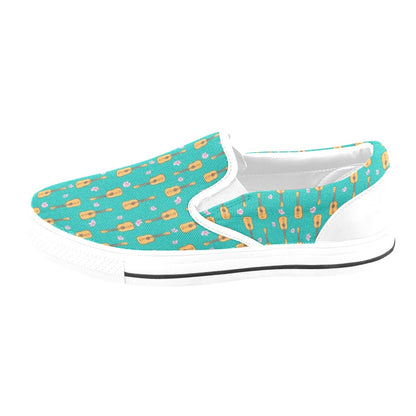 Ukulele Print Design LKS403 White Slip Ons Canvas Women's Shoes