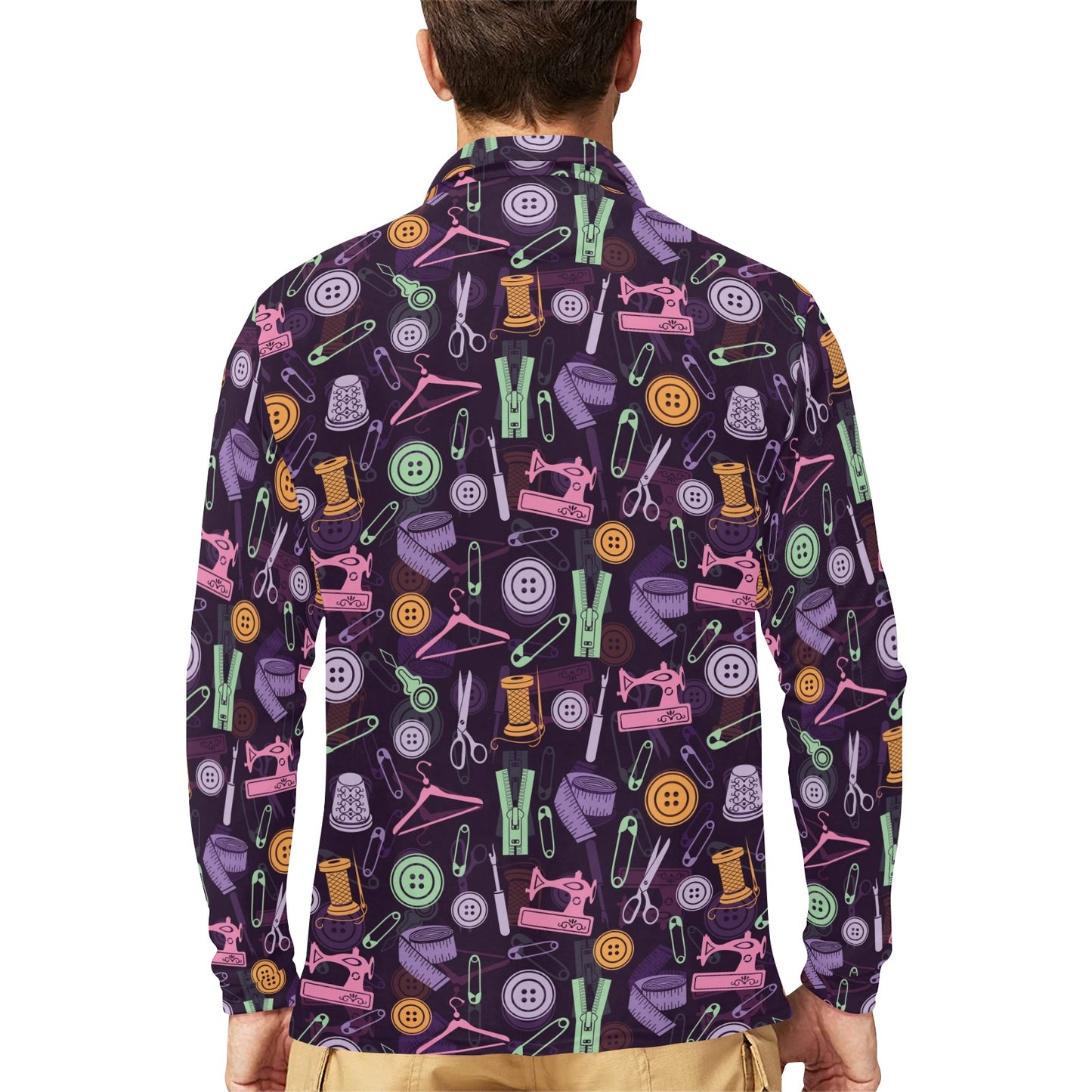 Sewing Equipment Print Design LKS306 Long Sleeve Polo Shirt For Men's