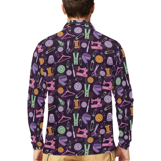Sewing Equipment Print Design LKS306 Long Sleeve Polo Shirt For Men's