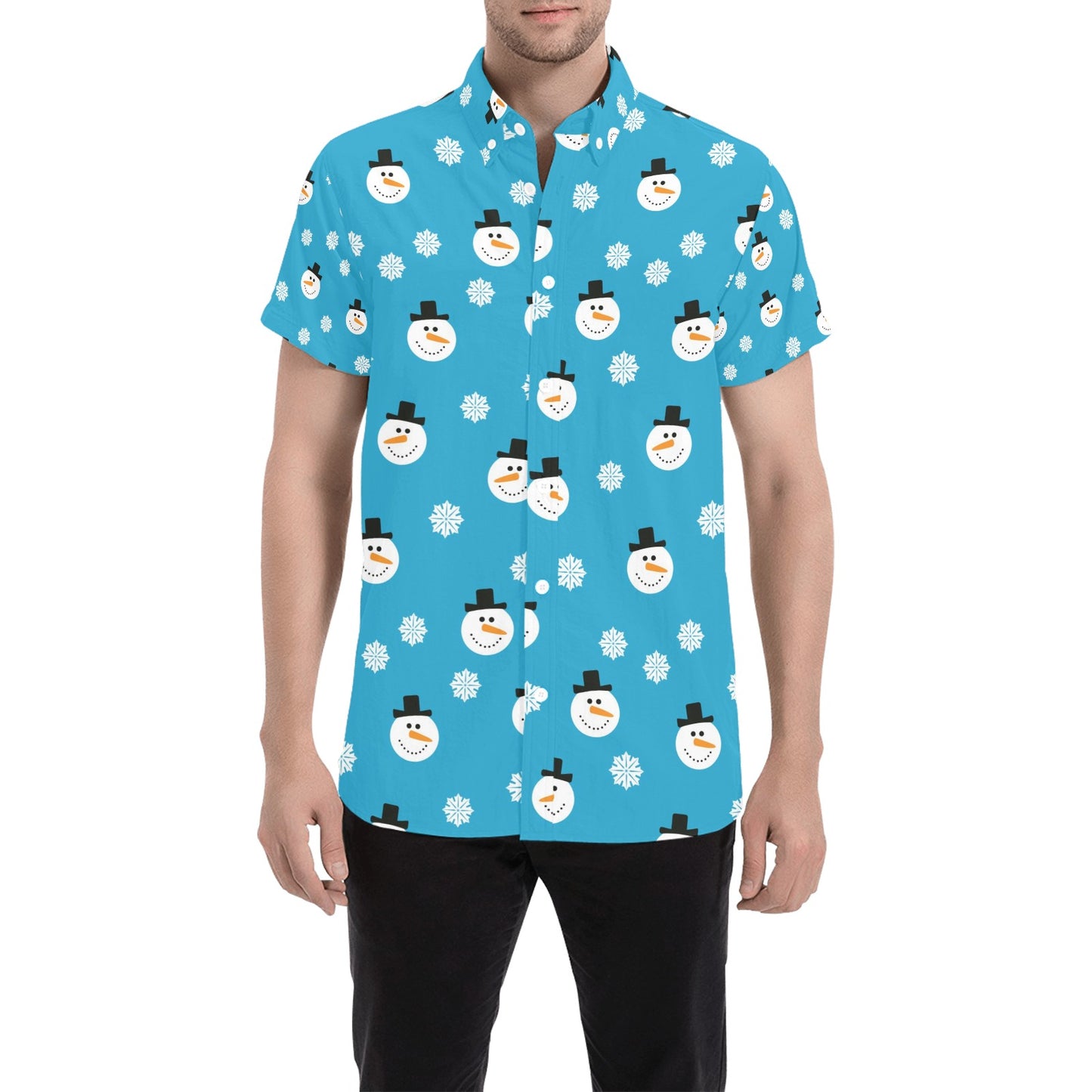 Snowman Print Design LKS303 Men Short Sleeve Button Up Shirt