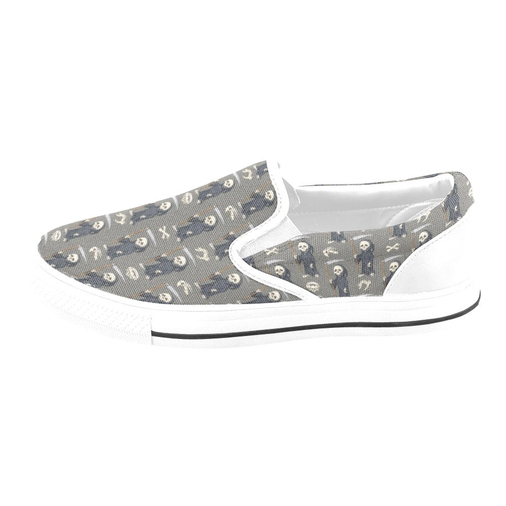 Skeleton Print Design LKS308 White Slip Ons Canvas Women's Shoes