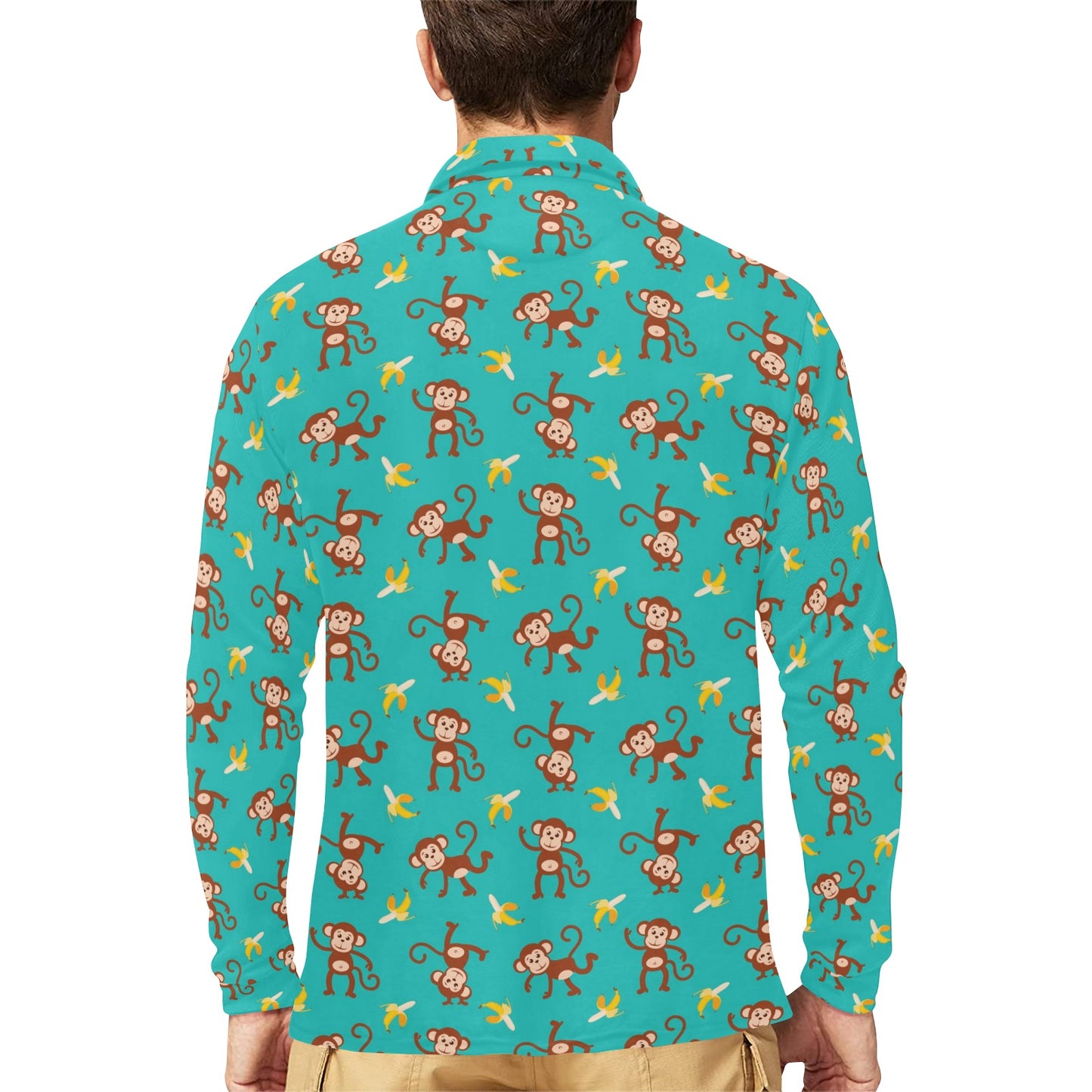 Monkey Banana Design Themed Print Long Sleeve Polo Shirt For Men's