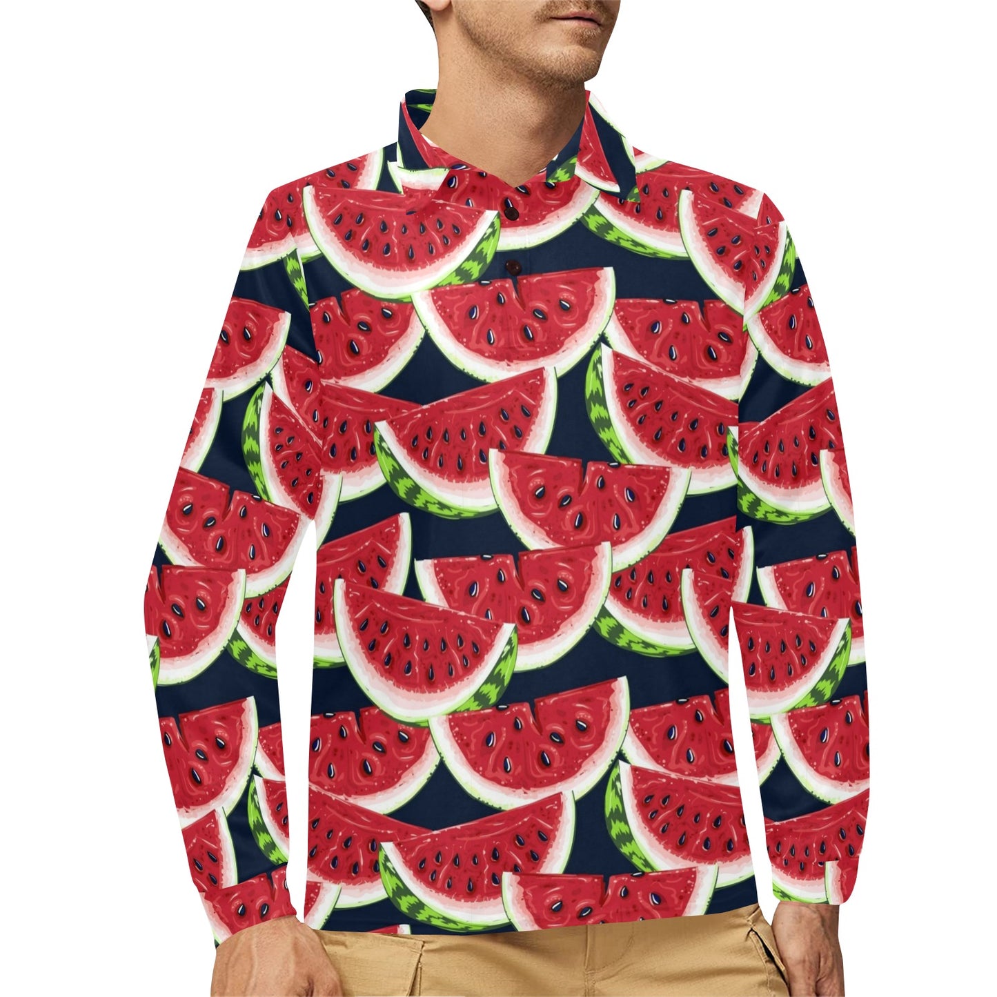 Watermelon Pattern Print Design WM011 Long Sleeve Polo Shirt For Men's