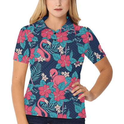 Flamingo Red Hibiscus Pattern Women's Polo Shirt