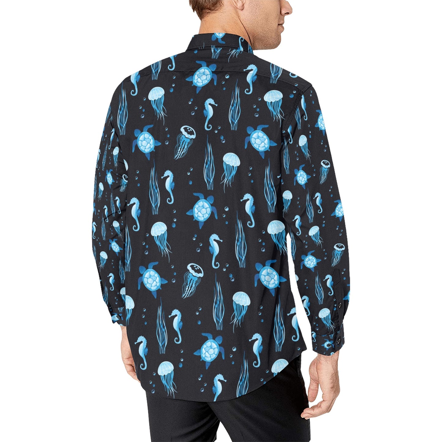 Sea Turtle Jelly Fish Sea Horse Print Design LKS3014 Men's Long Sleeve Dress Shirt