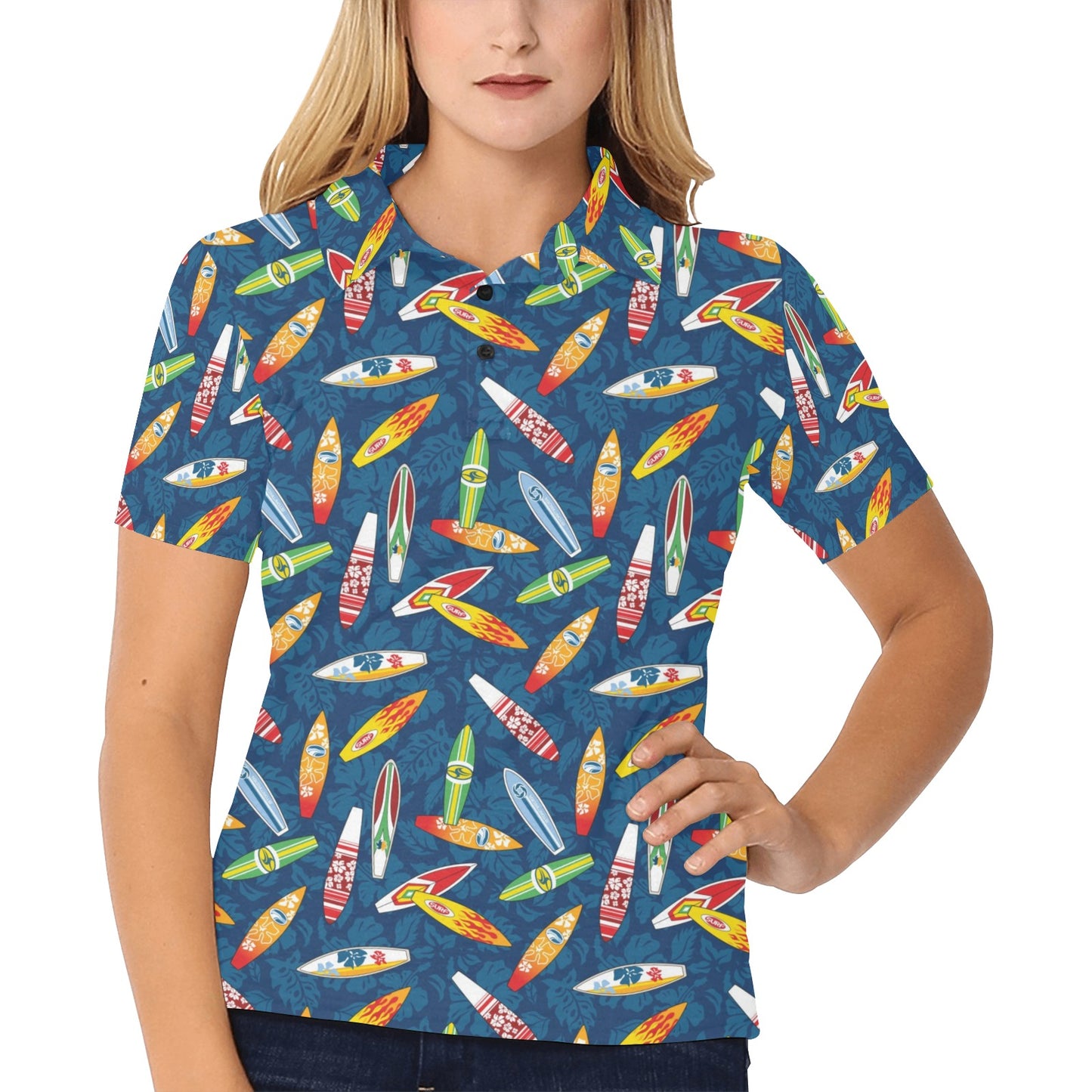 Surfboard Pattern Print Women's Polo Shirt