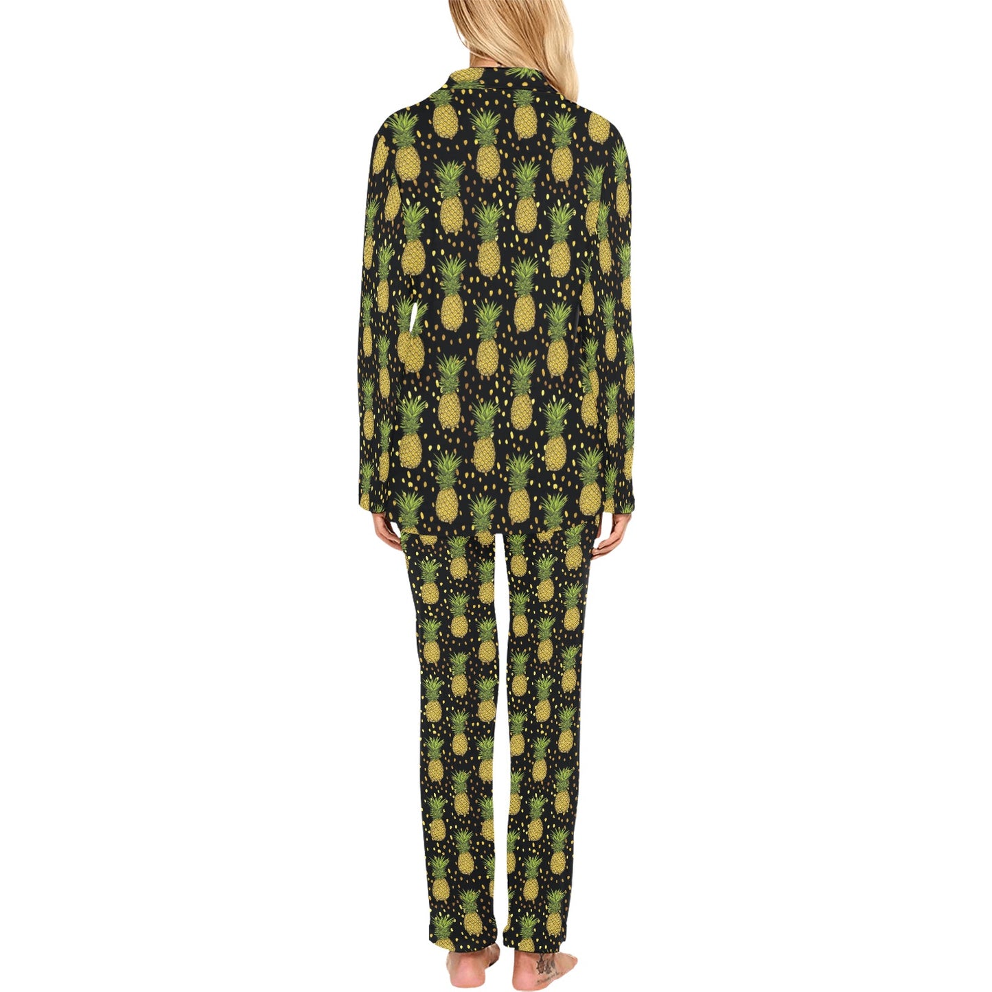 Pineapple Gold Dot Themed Print Women's Long Pajama Set