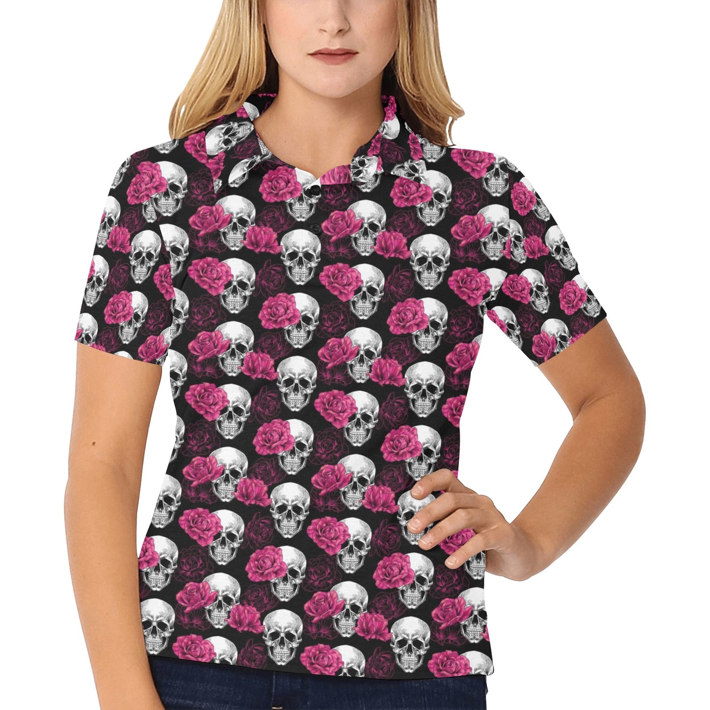 Pink Rose Skull Themed Print Women's Polo Shirt