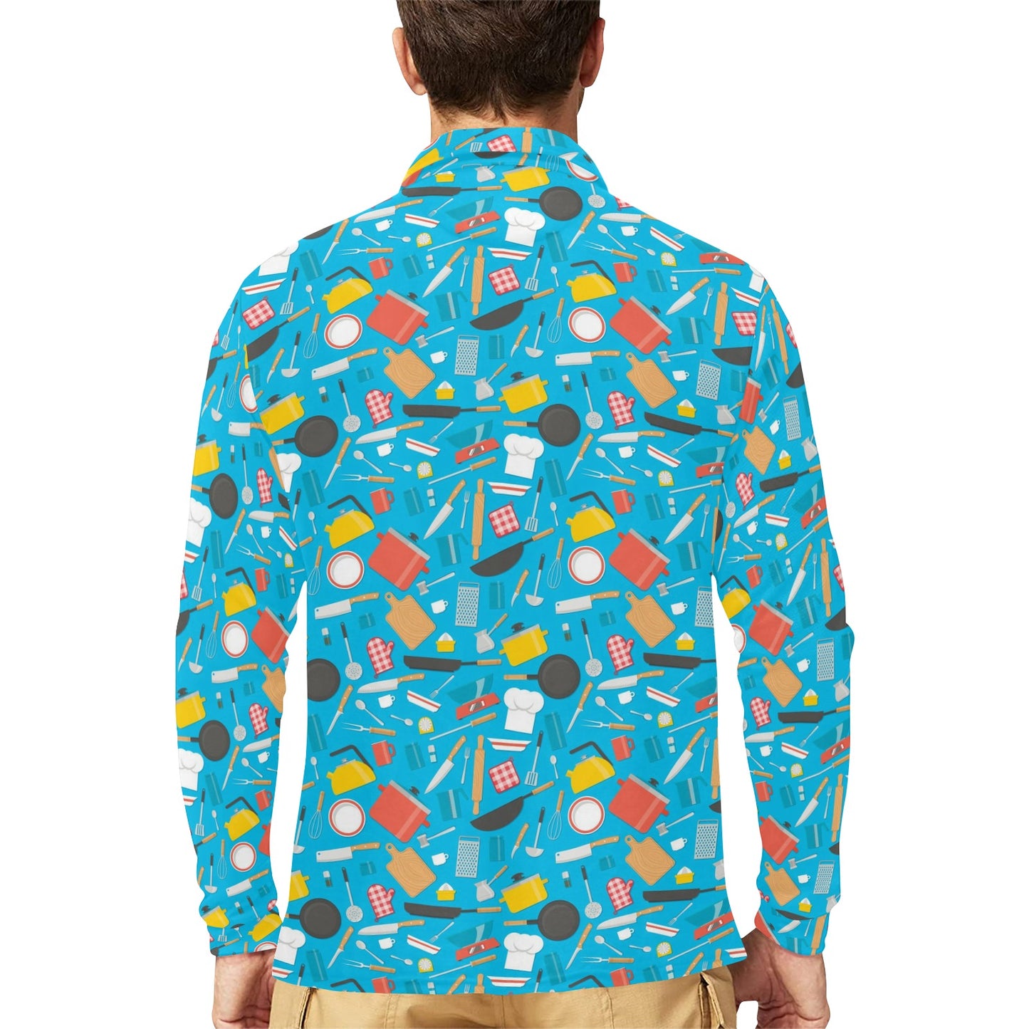 Cooking Kitchen Tools Pattern Print Design 03 Long Sleeve Polo Shirt For Men's