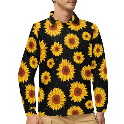 Sunflower Pattern Print Design SF09 Long Sleeve Polo Shirt For Men's