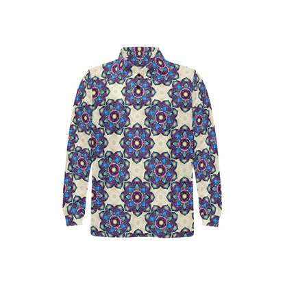 lotus Boho Pattern Print Design LO08 Long Sleeve Polo Shirt For Men's