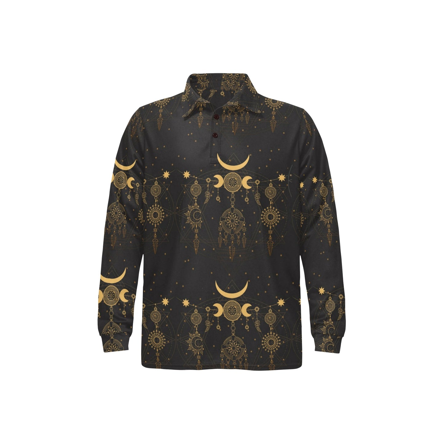 Sun Moon Boho Style Long Sleeve Polo Shirt For Men's