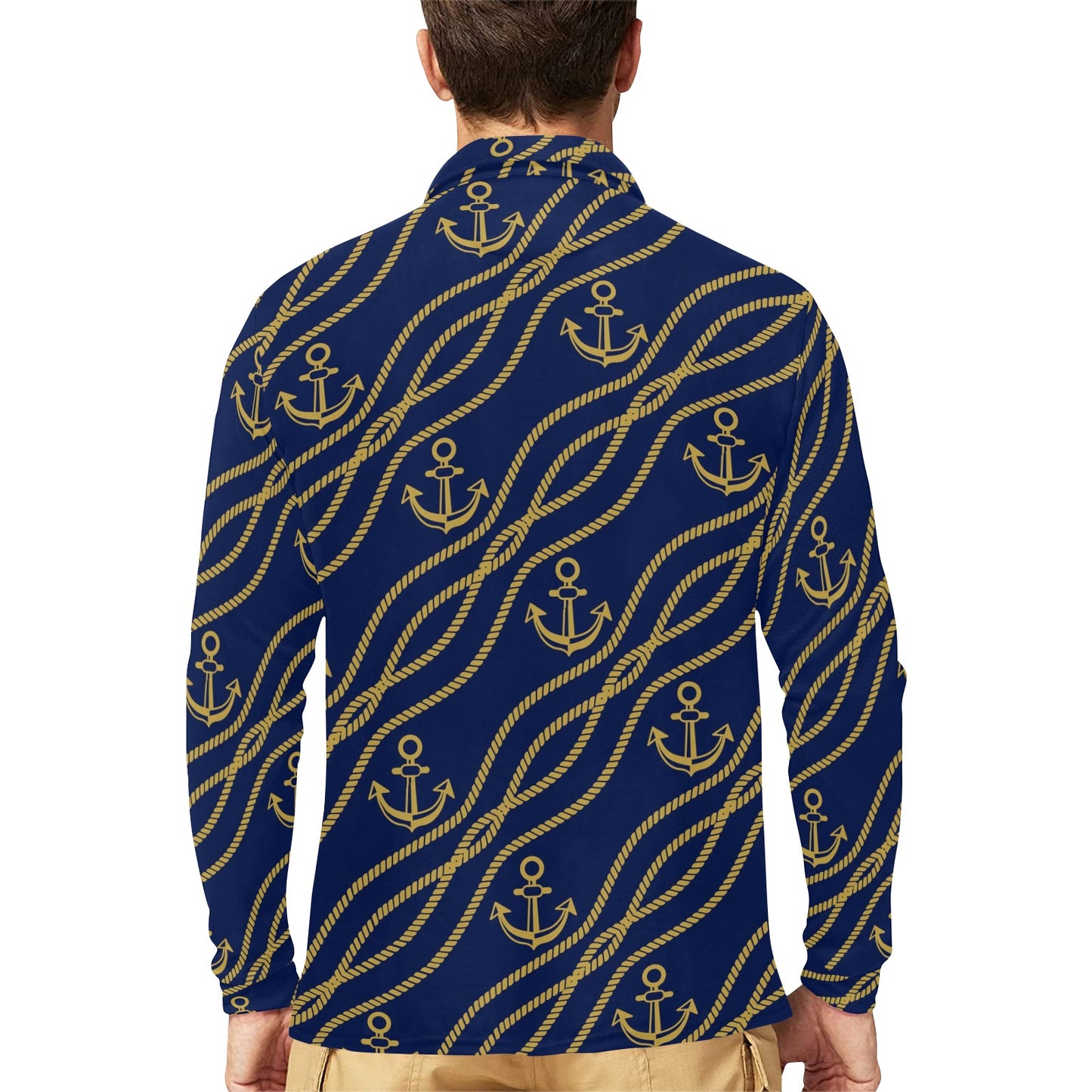 Nautical Anchor Rope Pattern Long Sleeve Polo Shirt For Men's