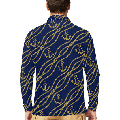 Nautical Anchor Rope Pattern Long Sleeve Polo Shirt For Men's