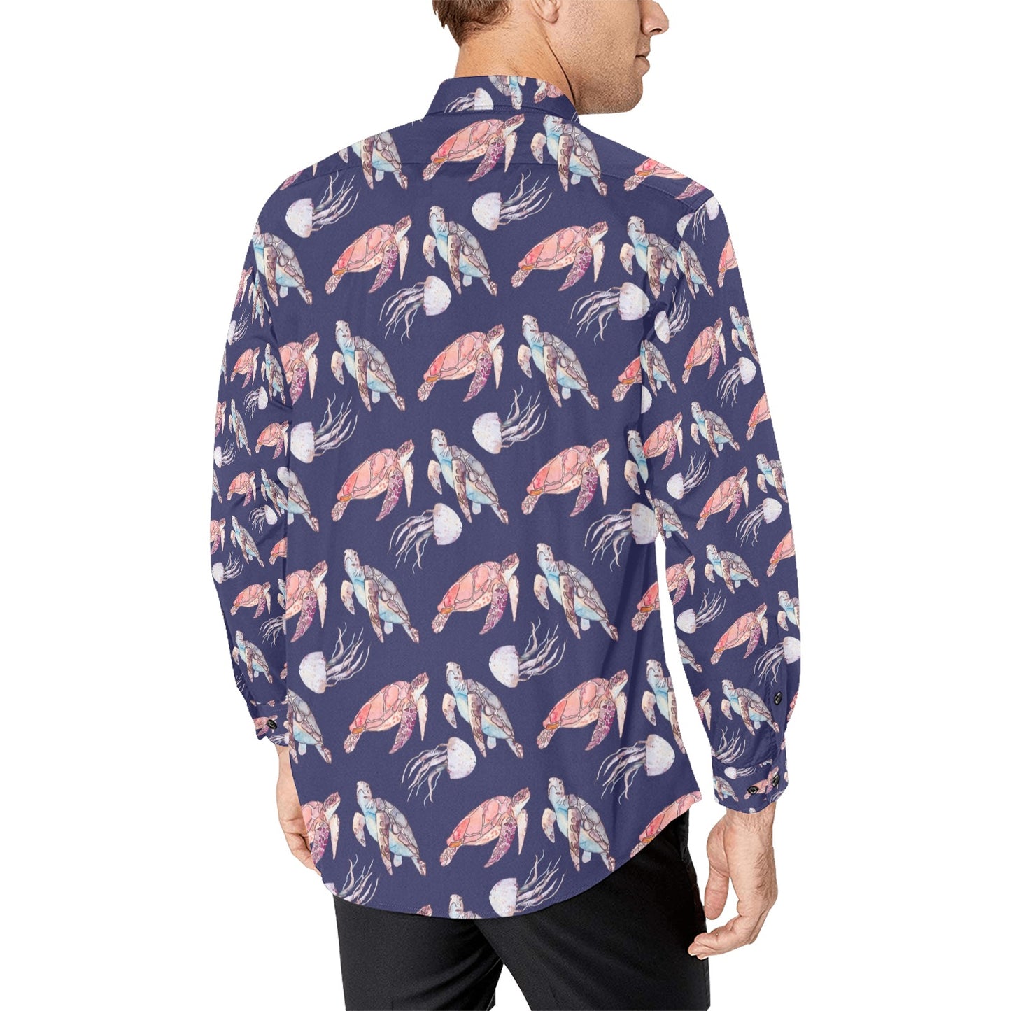 Sea Turtle With Jelly Fish Print Design LKS301 Men's Long Sleeve Dress Shirt