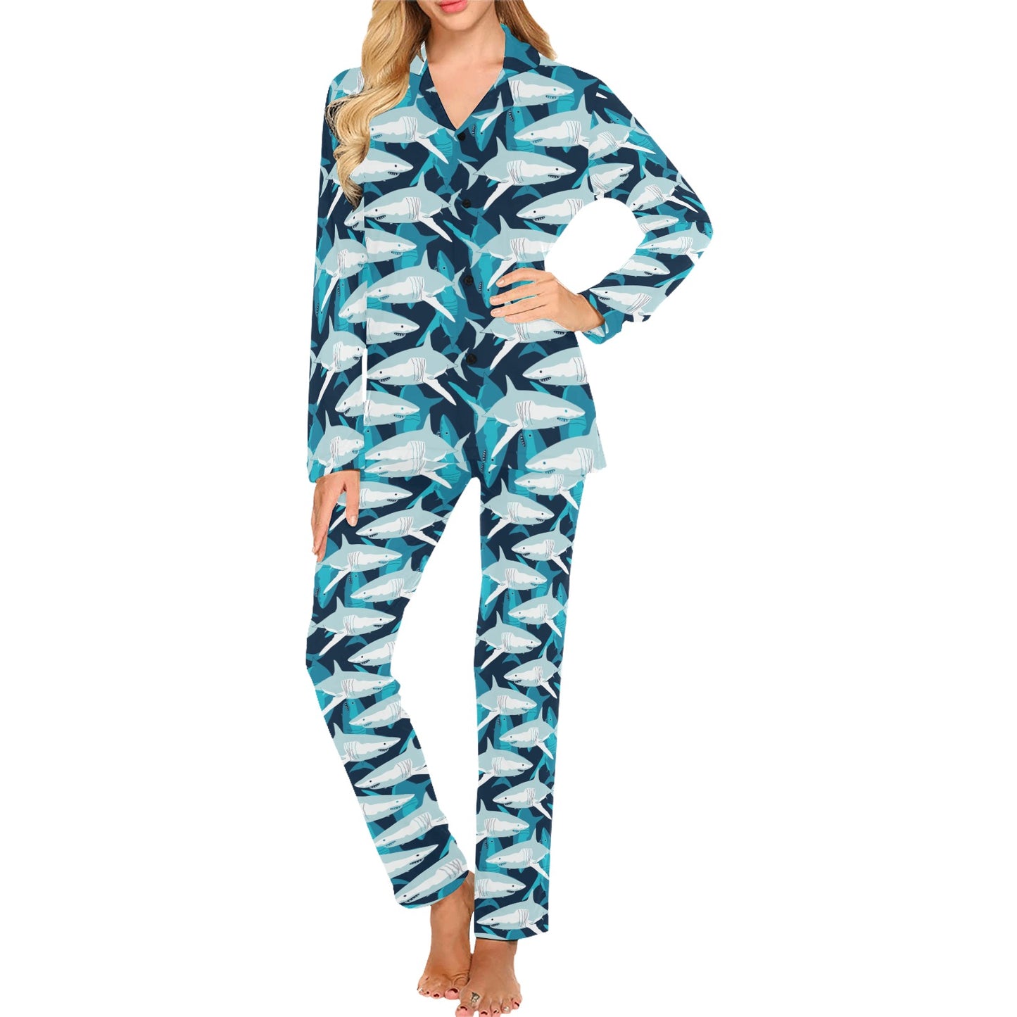 Shark Design Print Women's Long Pajama Set