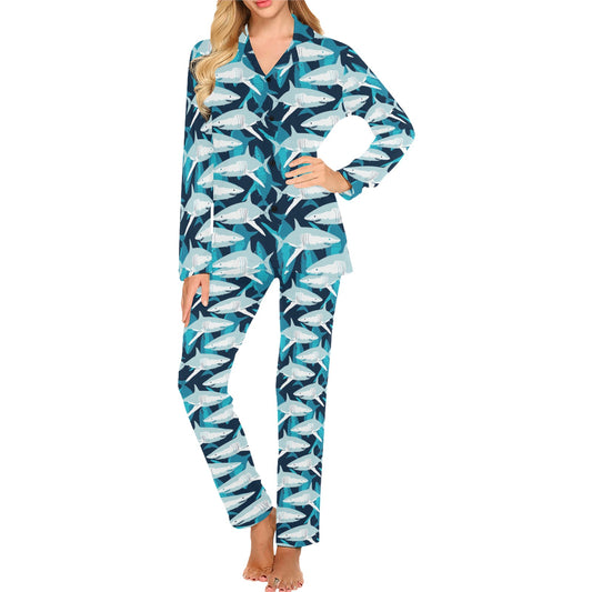 Shark Design Print Women's Long Pajama Set
