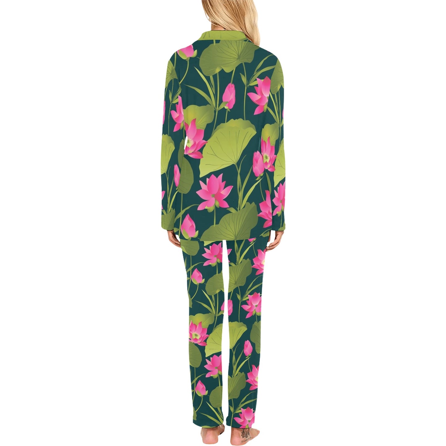 Water Lily Pattern Print Design WL09 Women's Long Pajama Set