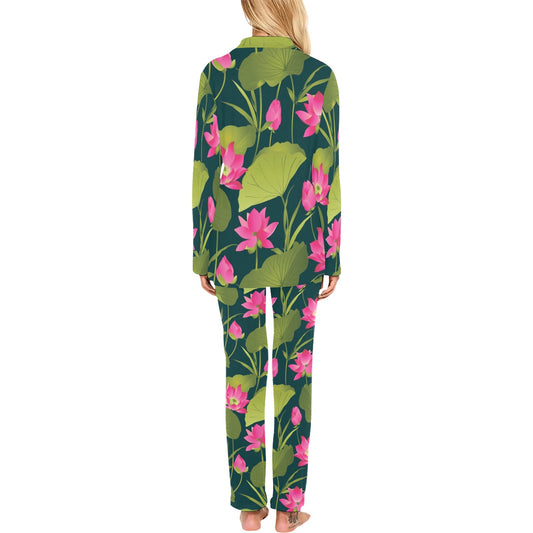 Water Lily Pattern Print Design WL09 Women's Long Pajama Set