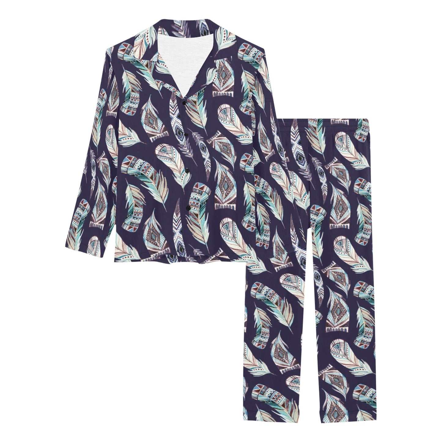 Feather Vintage Boho Design Print Women's Long Pajama Set