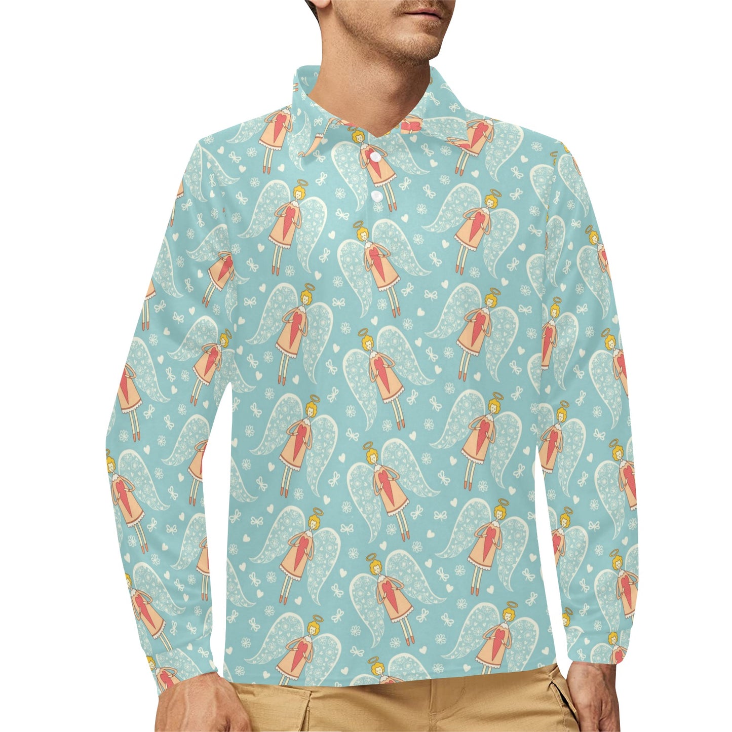 Angel Pattern Print Design 01 Long Sleeve Polo Shirt For Men's