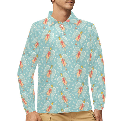 Angel Pattern Print Design 01 Long Sleeve Polo Shirt For Men's