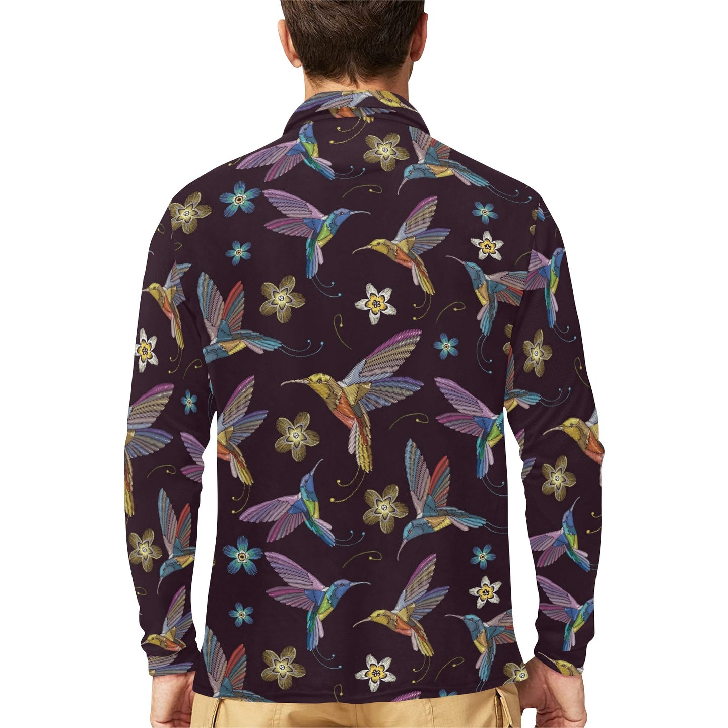 Hummingbird Pattern Print Design 04 Long Sleeve Polo Shirt For Men's