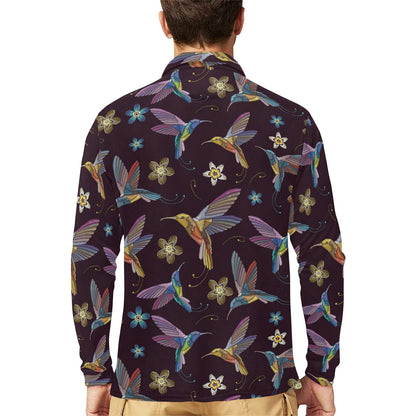 Hummingbird Pattern Print Design 04 Long Sleeve Polo Shirt For Men's