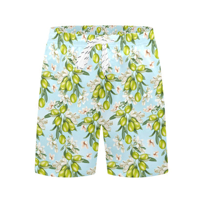 Elegant Olive Floral Print Men's Swim Trunks Beach Shorts