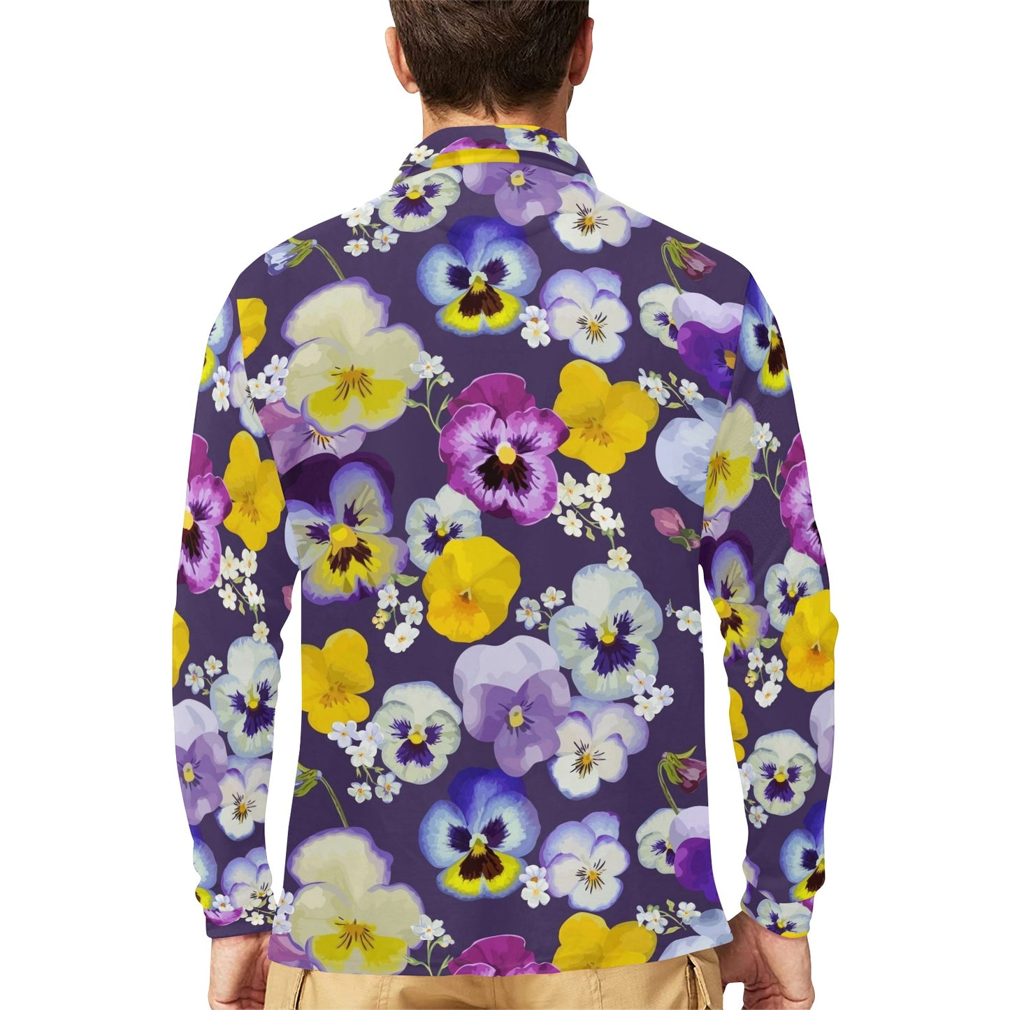 Pansy Pattern Print Design PS02 Long Sleeve Polo Shirt For Men's