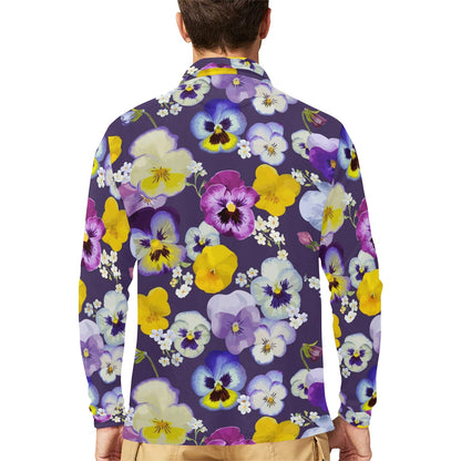 Pansy Pattern Print Design PS02 Long Sleeve Polo Shirt For Men's
