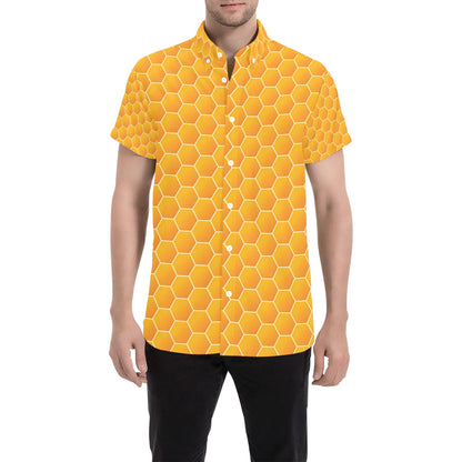 Honey Bee Honeycomb Print Design LKS3011 Men Short Sleeve Button Up Shirt