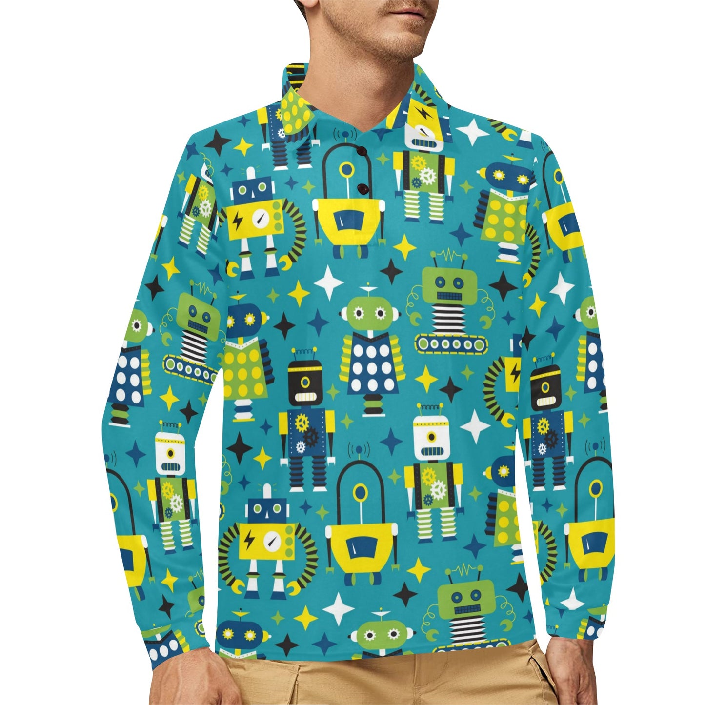 Robot Pattern Print Design A02 Long Sleeve Polo Shirt For Men's