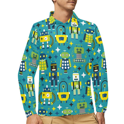 Robot Pattern Print Design A02 Long Sleeve Polo Shirt For Men's