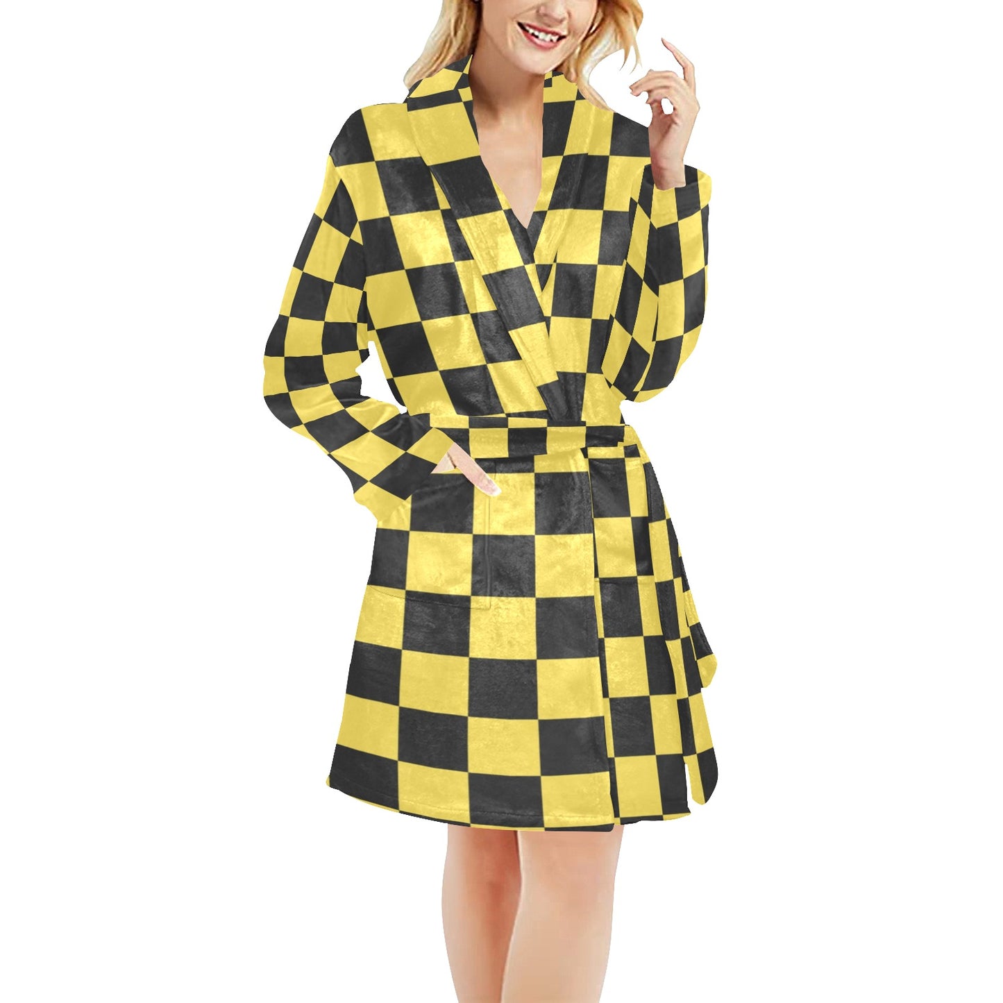 Checkered Yellow Pattern Print Design 03 Women's Fleece Robe