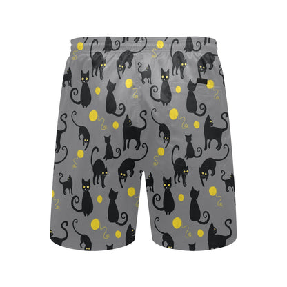Black Cat Yellow Yarn Print Pattern Men's Swim Trunks Beach Shorts