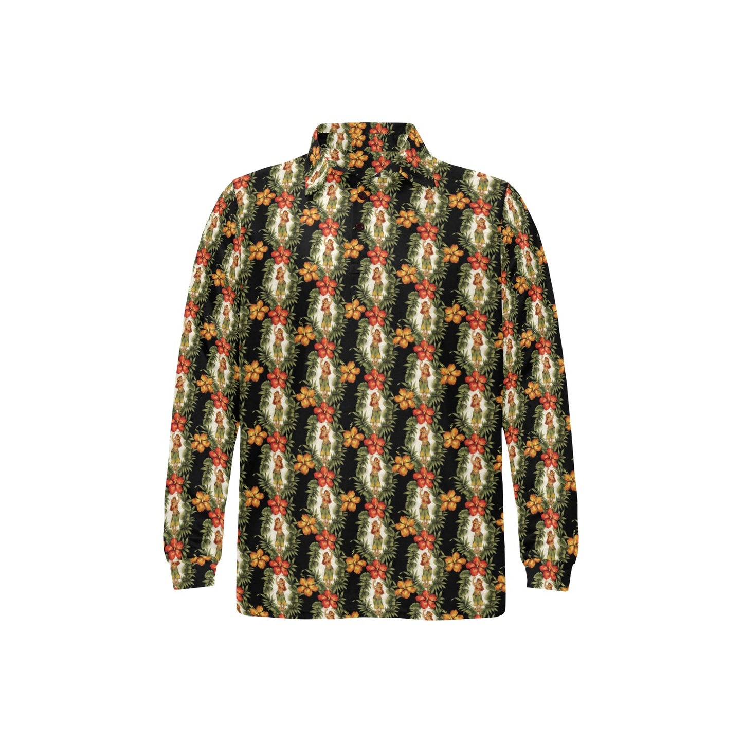 Hawaiian Flower Hula Hibiscus Print Long Sleeve Polo Shirt For Men's