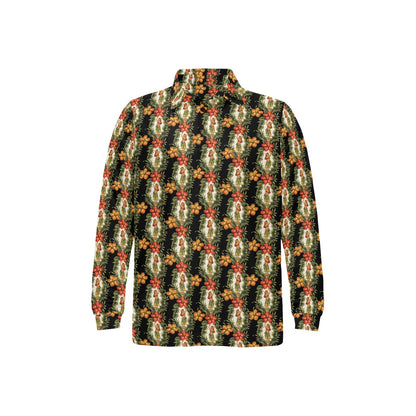 Hawaiian Flower Hula Hibiscus Print Long Sleeve Polo Shirt For Men's