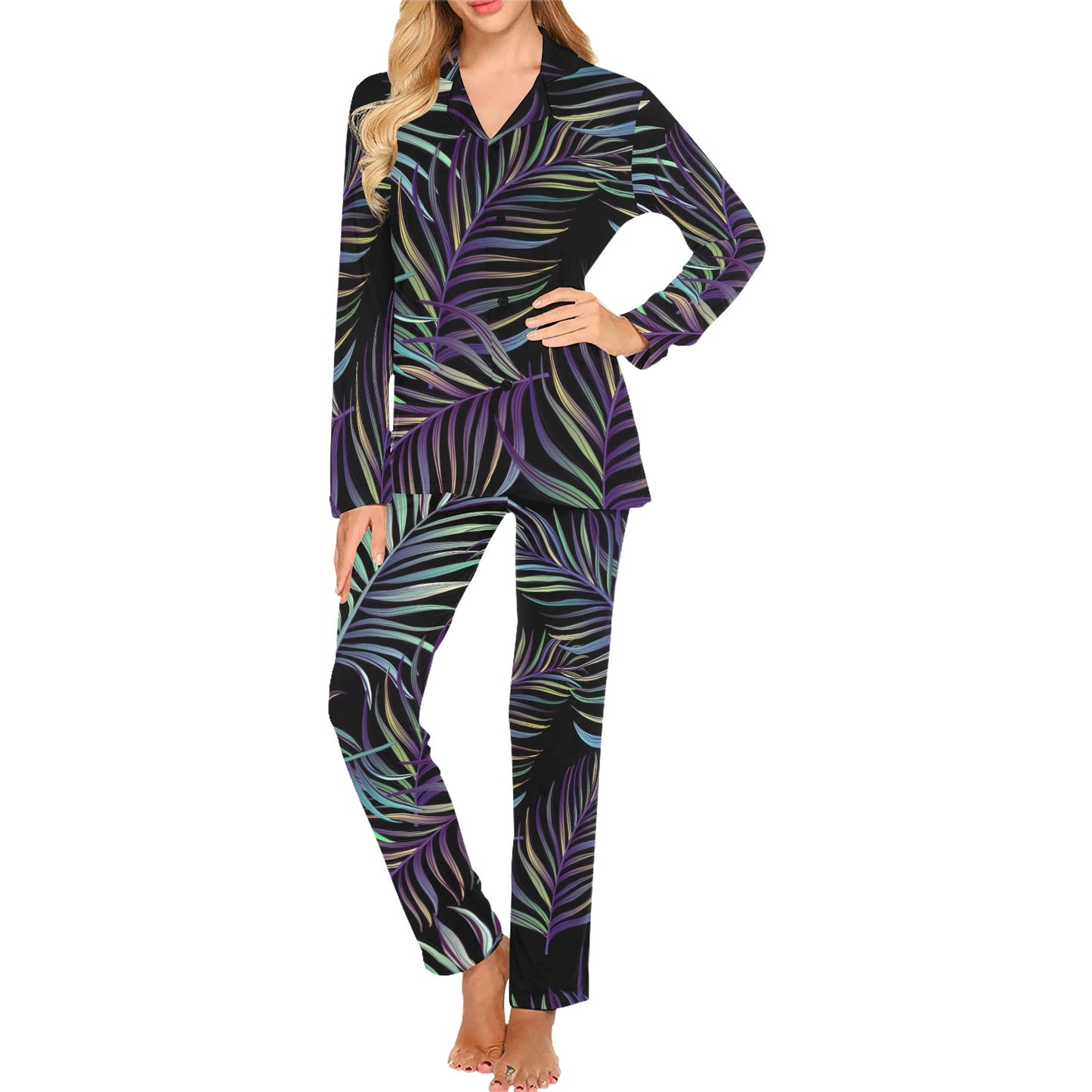 Tropical Palm Leaves Pattern Brightness Women's Long Pajama Set