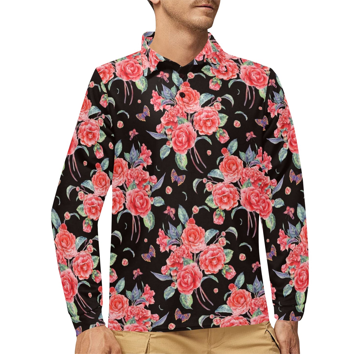 Camellia Pattern Print Design CM03 Long Sleeve Polo Shirt For Men's