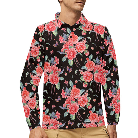 Camellia Pattern Print Design CM03 Long Sleeve Polo Shirt For Men's