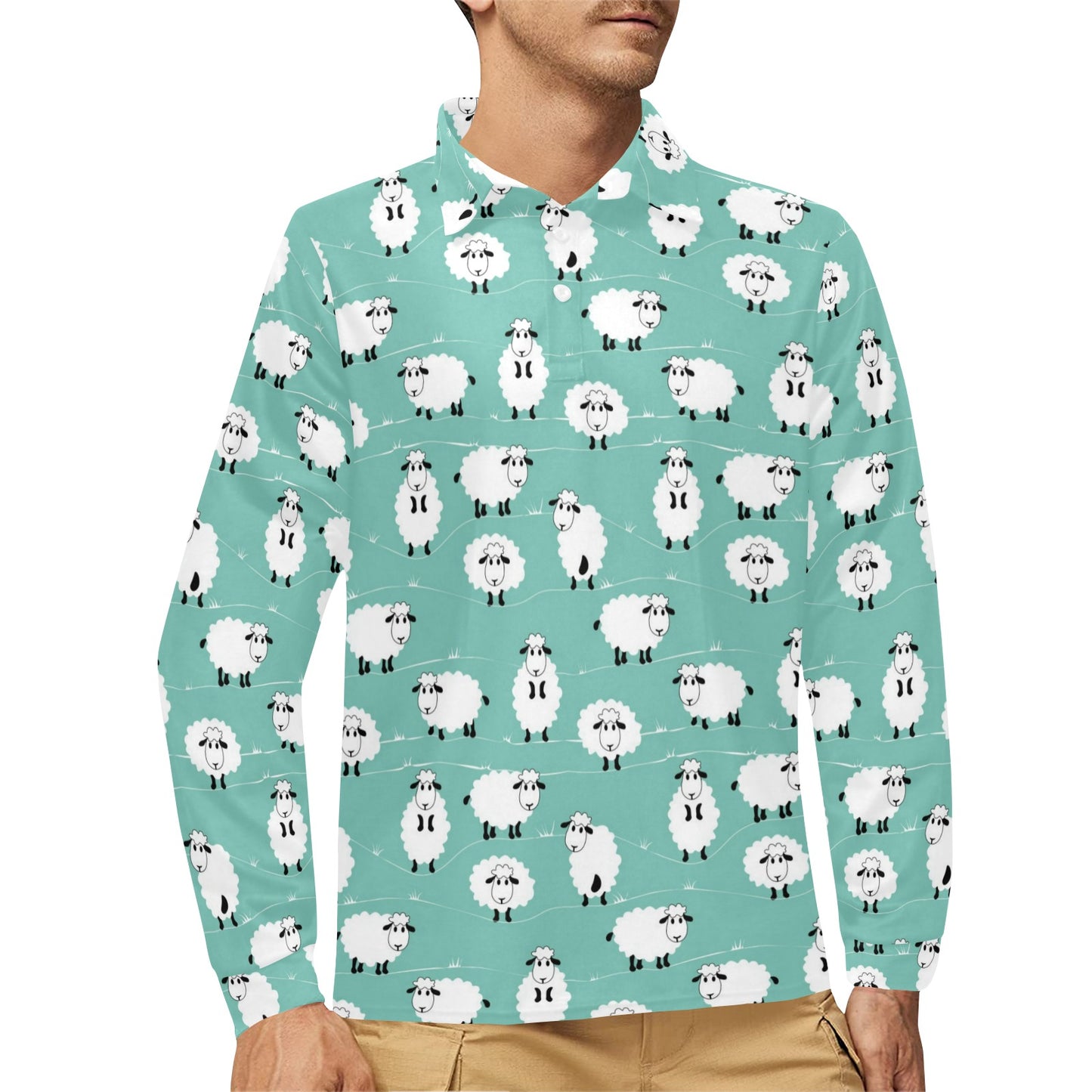 Sheep Print Design LKS404 Long Sleeve Polo Shirt For Men's