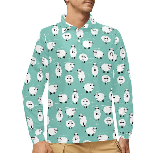 Sheep Print Design LKS404 Long Sleeve Polo Shirt For Men's