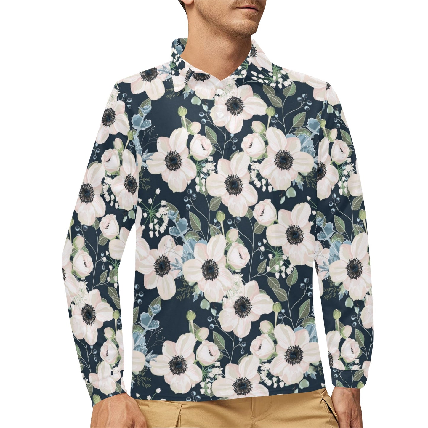 Anemone Pattern Print Design AM02 Long Sleeve Polo Shirt For Men's