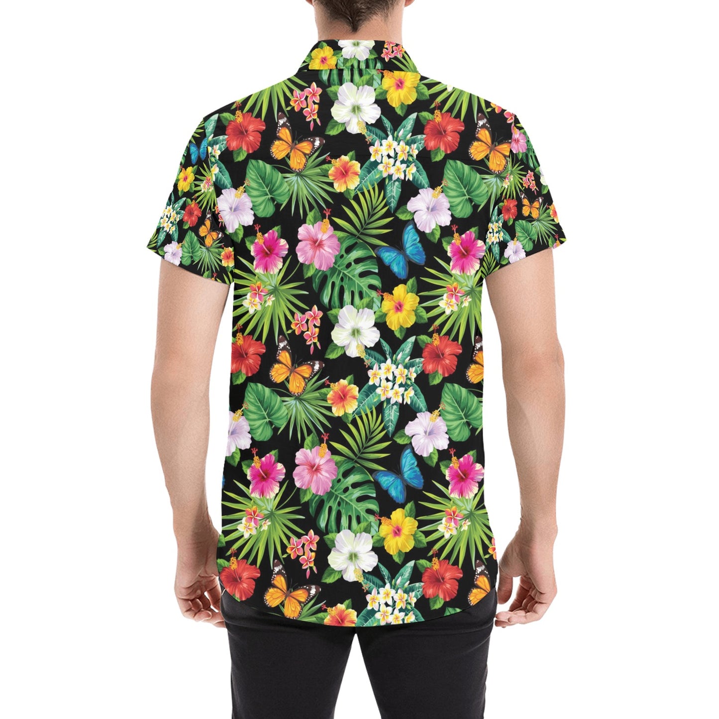 Hibiscus With Butterfly Print Design LKS305 Men Short Sleeve Button Up Shirt